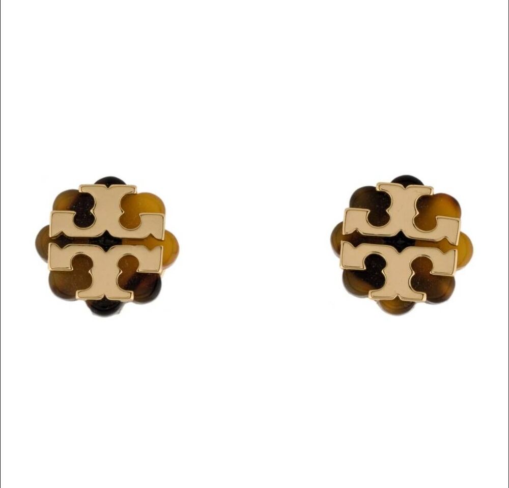 Tory Burch Gold Tortoise Double T Logo Flower Stud Earrings